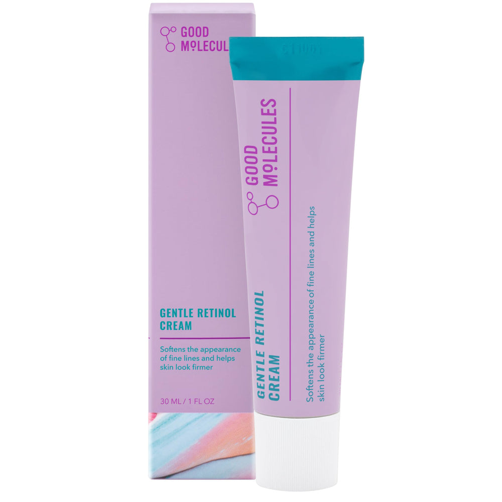 Good Molecules Gentle Retinol Cream bottle closeup highlights sleek packaging for nightly skincare.