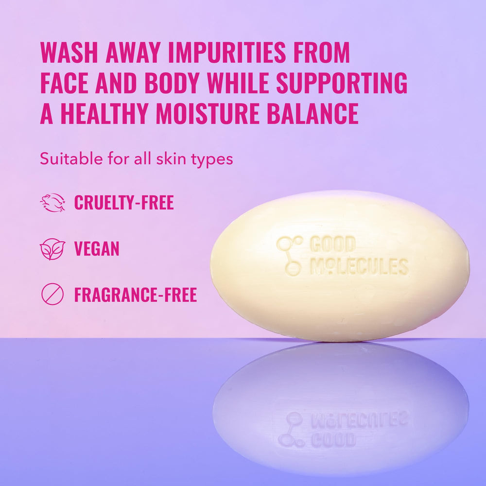 Good Molecules Hydrate and Cleanse Bar with macadamia seed oil nourishes skin.