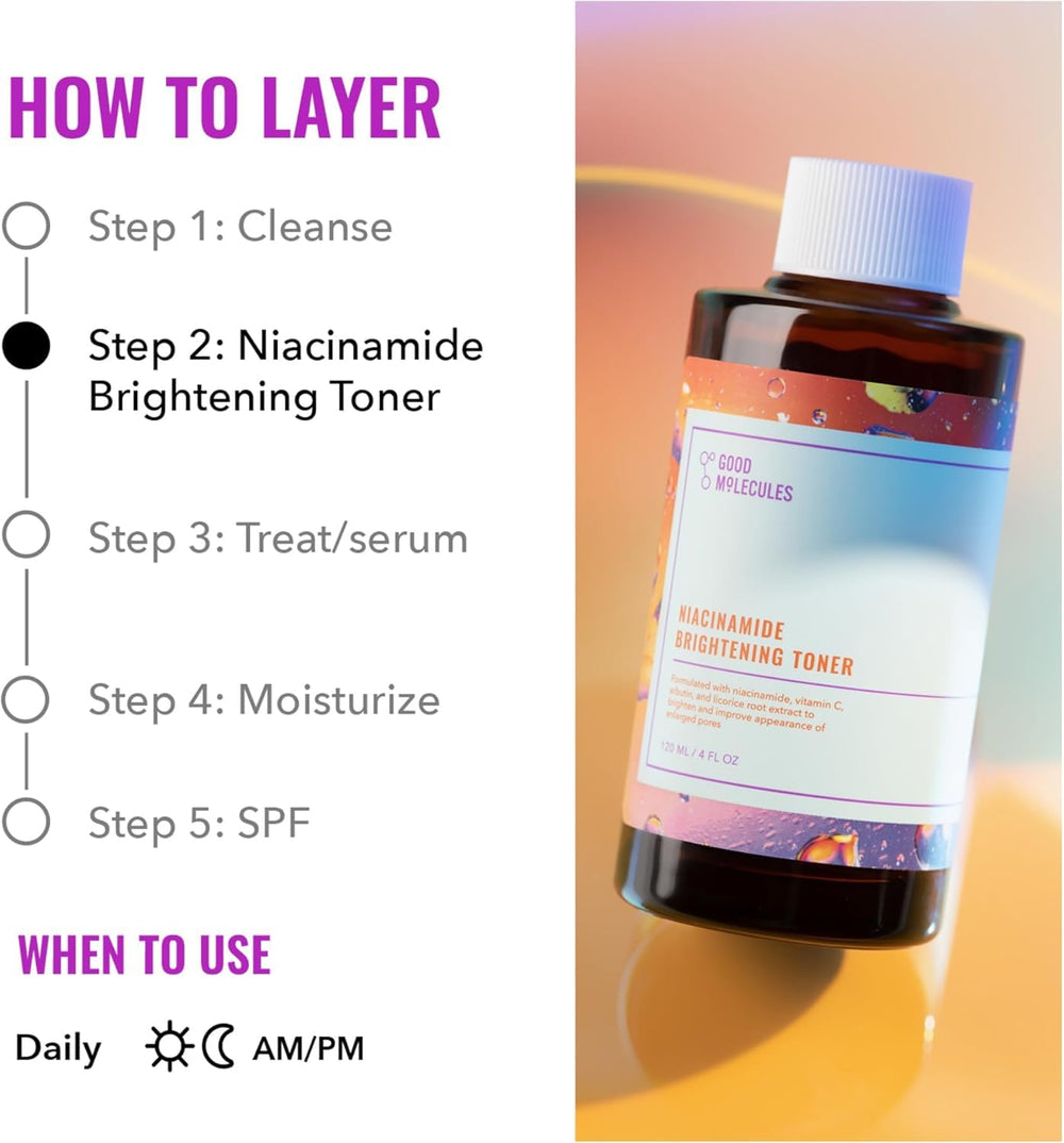 Good Molecules Niacinamide Brightening Toner after-cleansing routine supports skin texture.