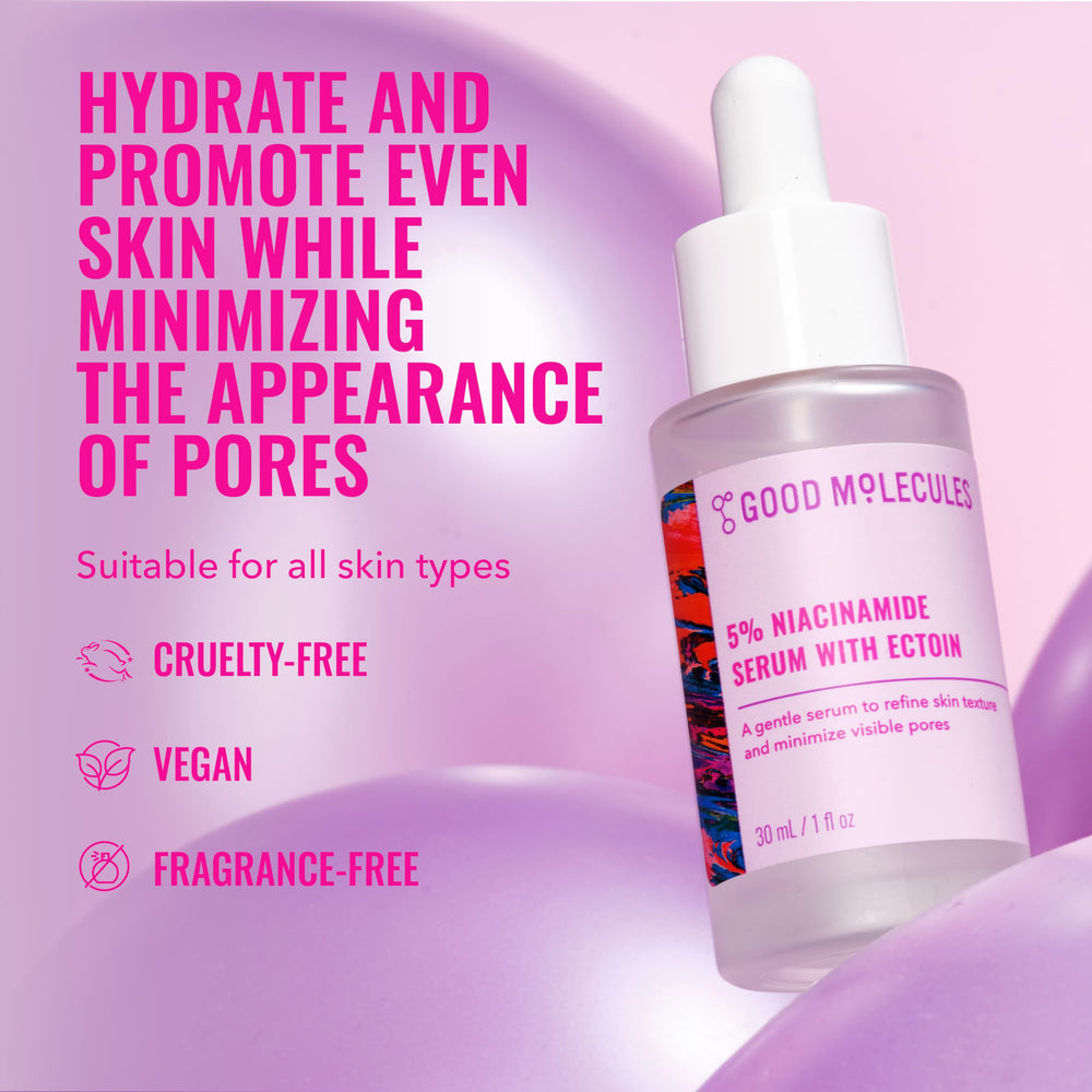Good Molecules Niacinamide Serum with Ectoin pour captures fast-absorbing hydration.