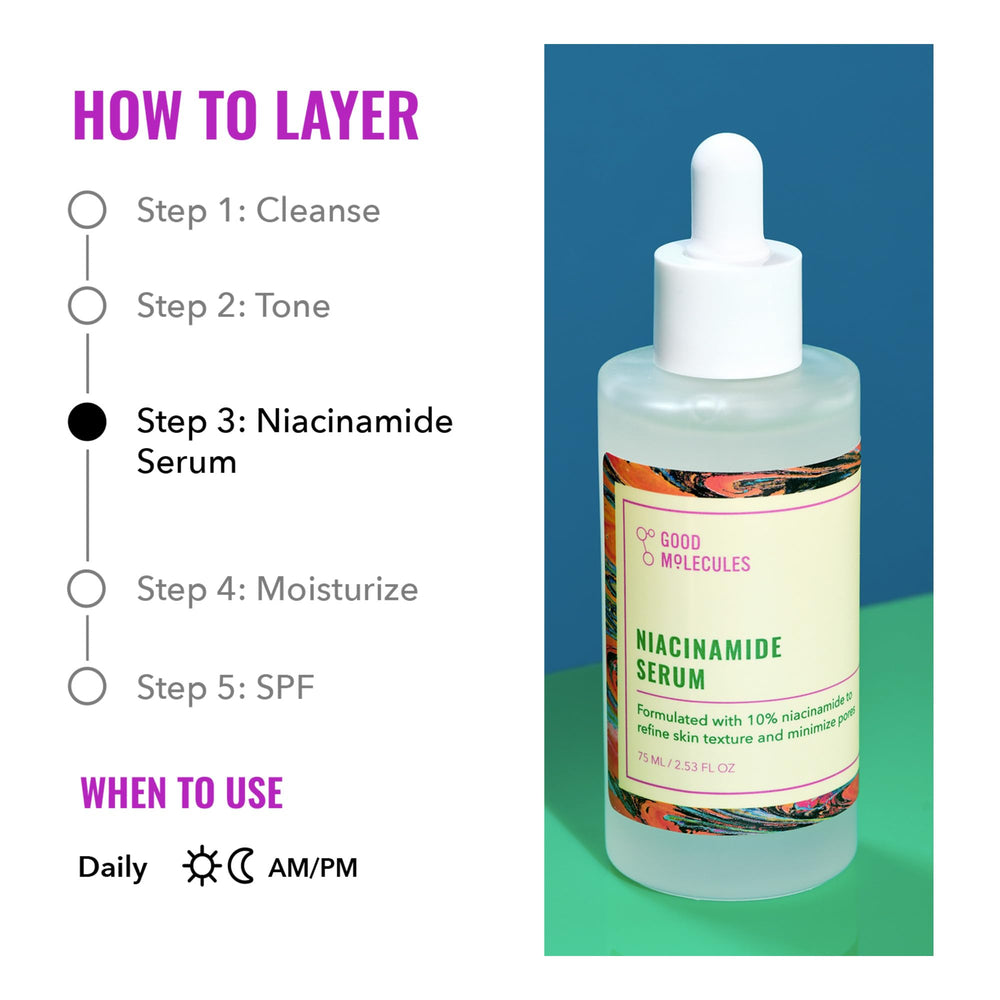 Good Molecules Niacinamide Serum on a morning routine setup