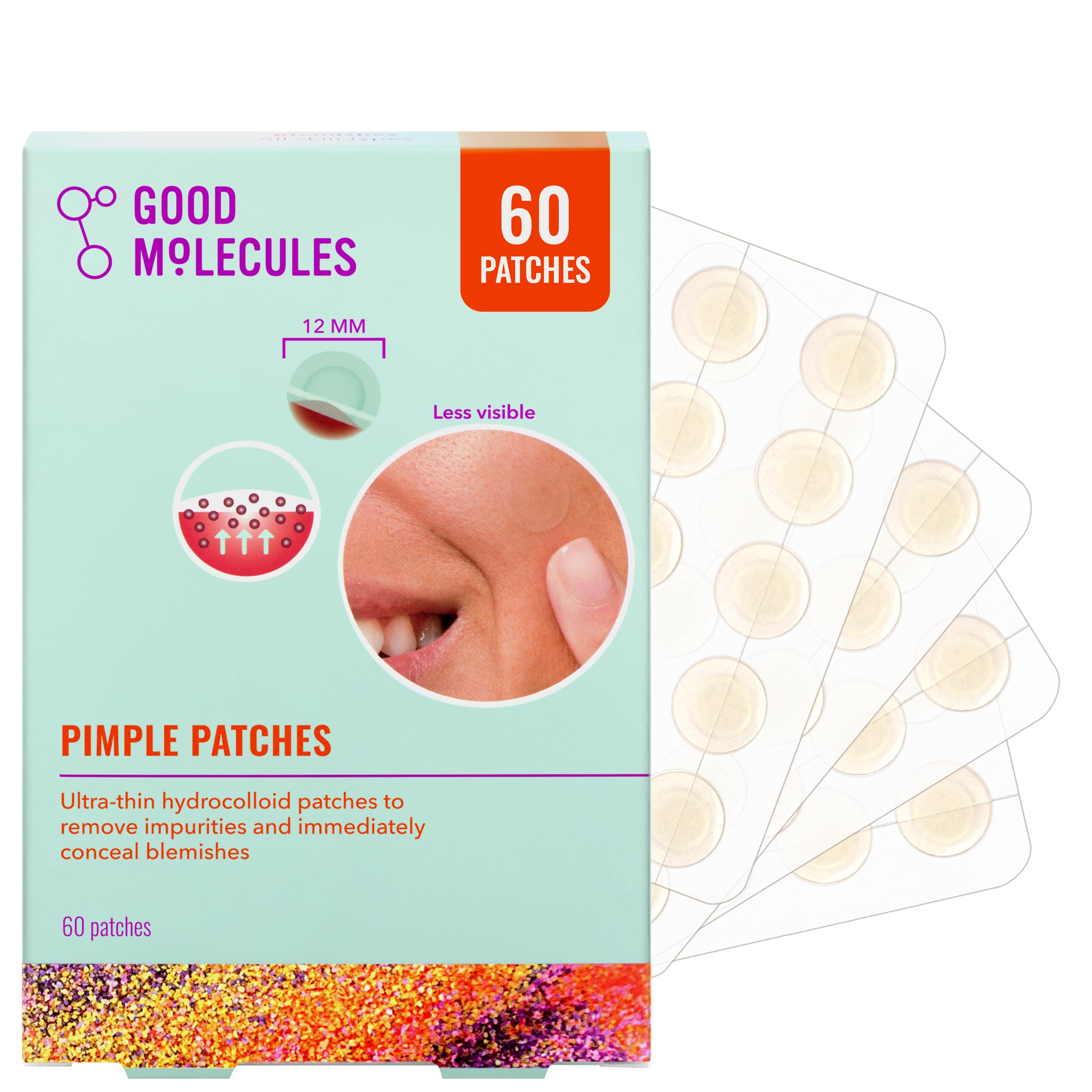 Good Molecules pimple patches on the face provide discreet blemish care.