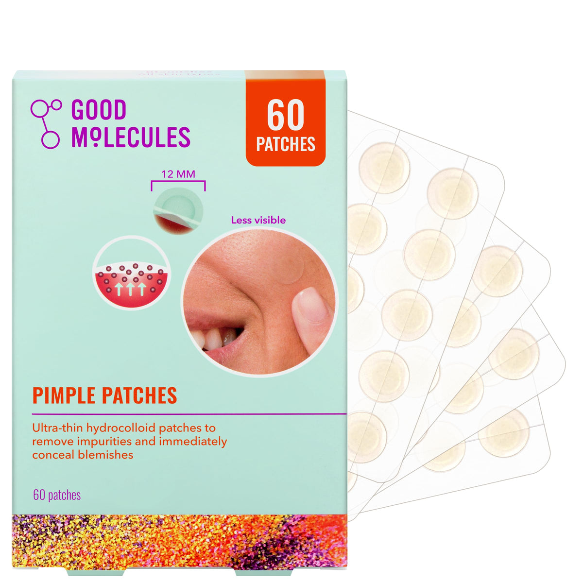 Good Molecules pimple patches on the face provide discreet blemish care.