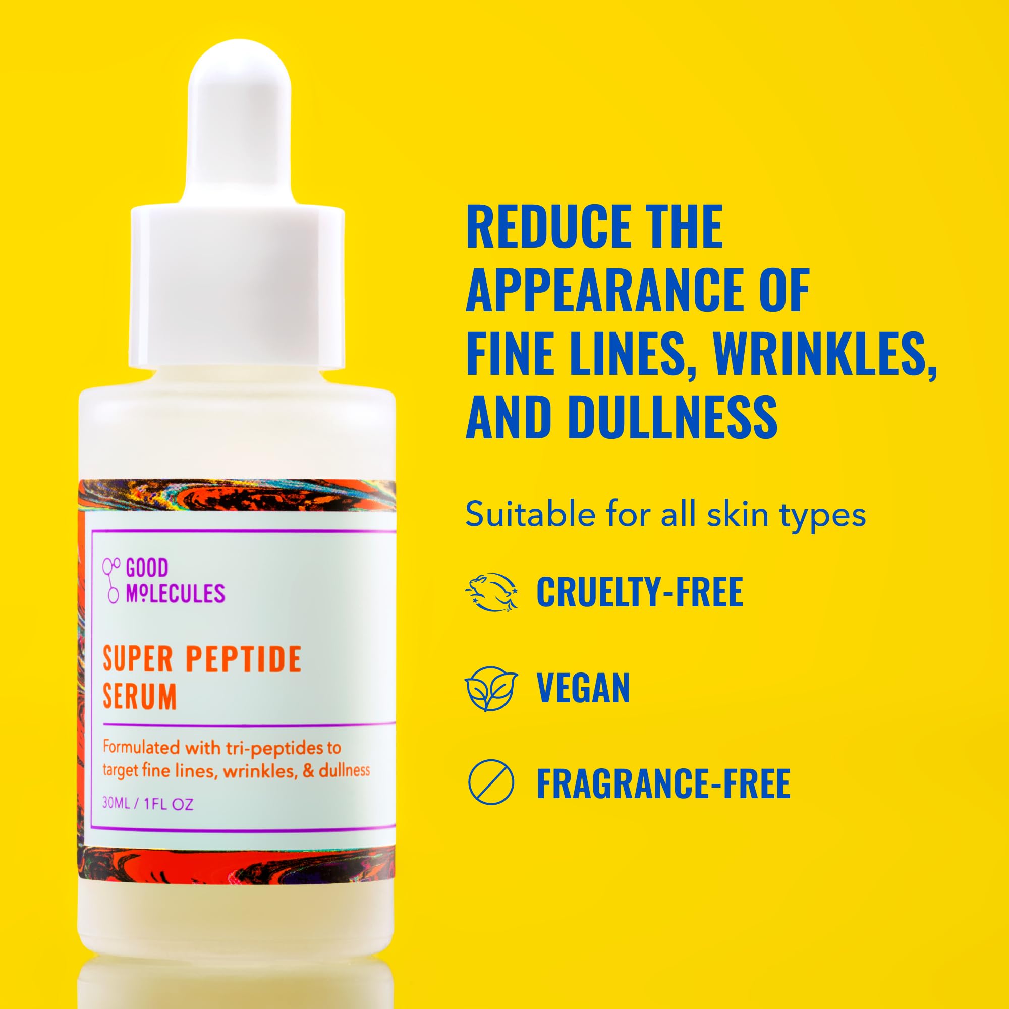 Good Molecules Super Peptide Serum dropper dispensing a small amount for targeted use