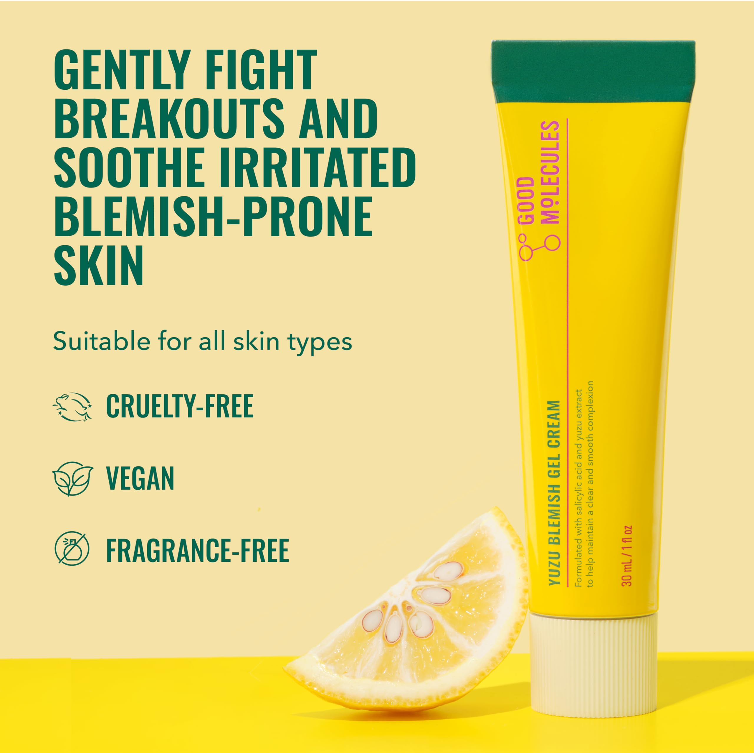Close-up texture of Good Molecules Yuzu Blemish Gel Cream highlighting lightweight hydration