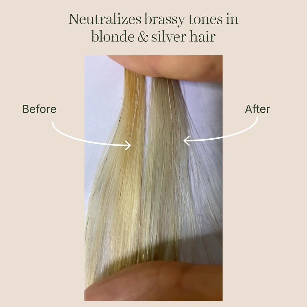GOOD&ALL Purple Shampoo application close-up, repairing and hydrating stressed strands.