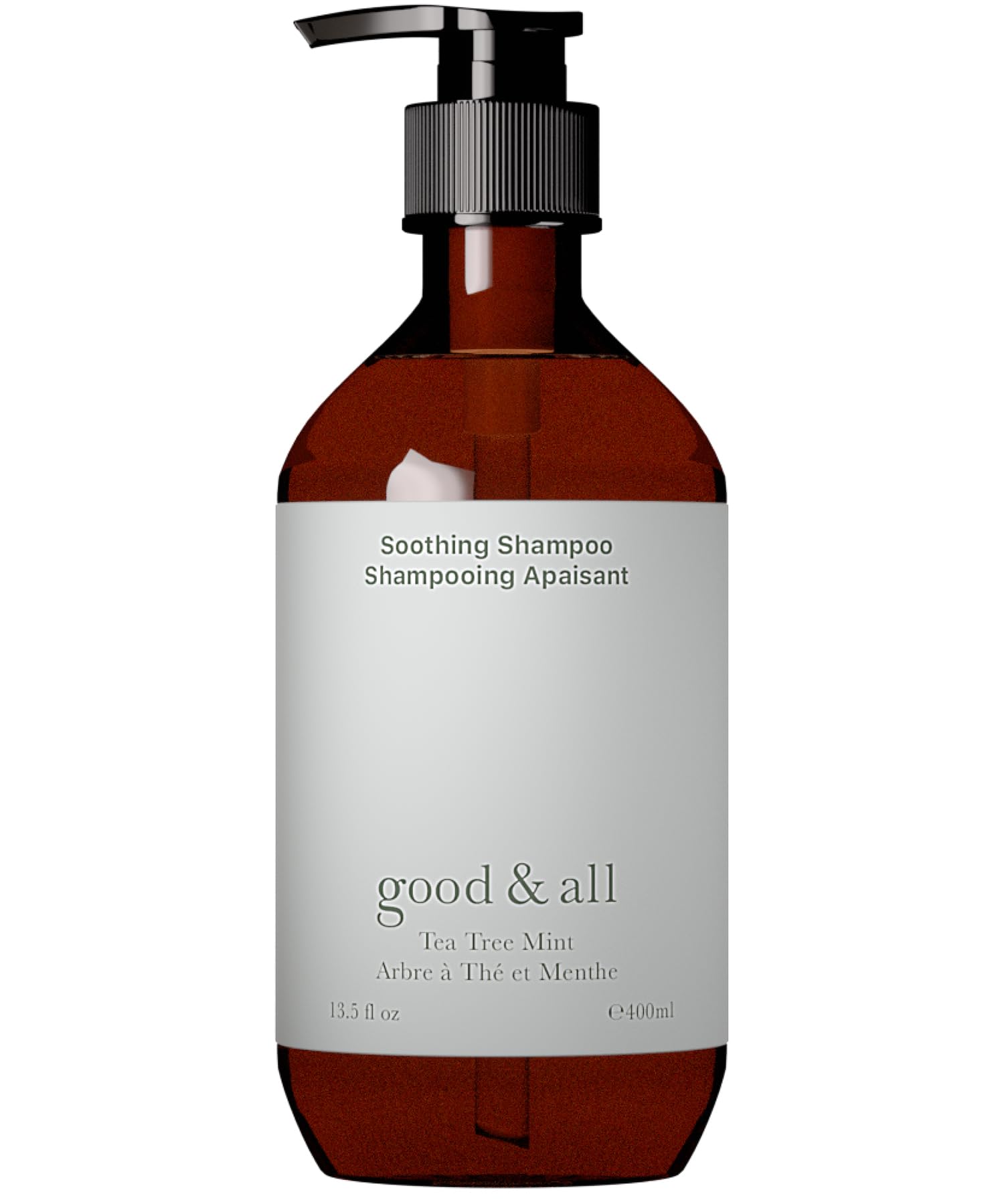 GOOD&ALL Tea Tree Shampoo bottle highlights soothing formula for dry itchy scalp relief.