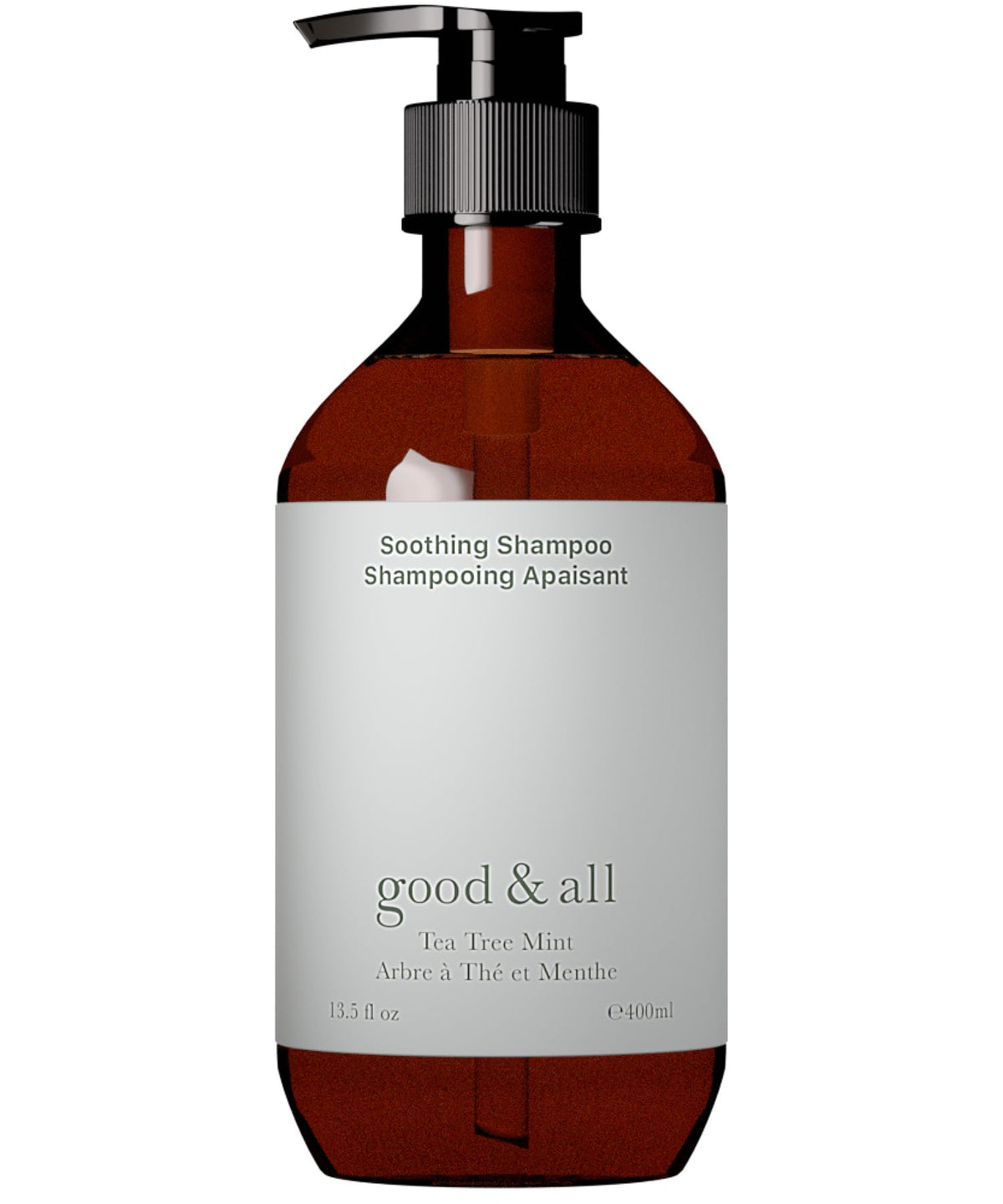 GOOD&ALL Tea Tree Shampoo bottle highlights soothing formula for dry itchy scalp relief.