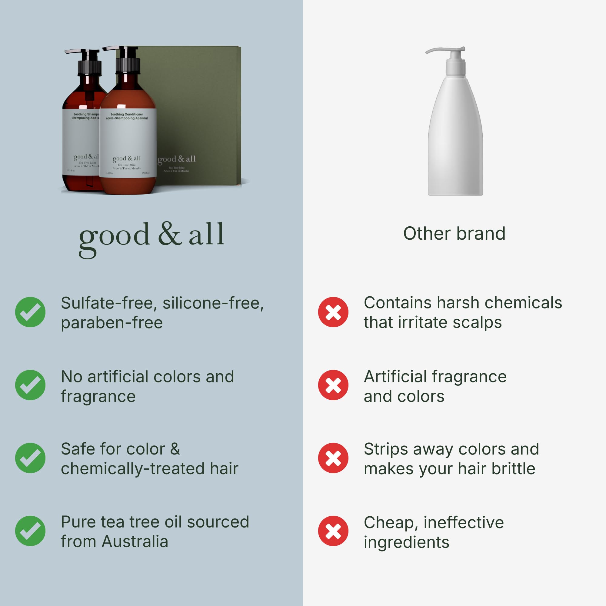 Good&All tea tree shampoo foam closeup highlights cooling sensation