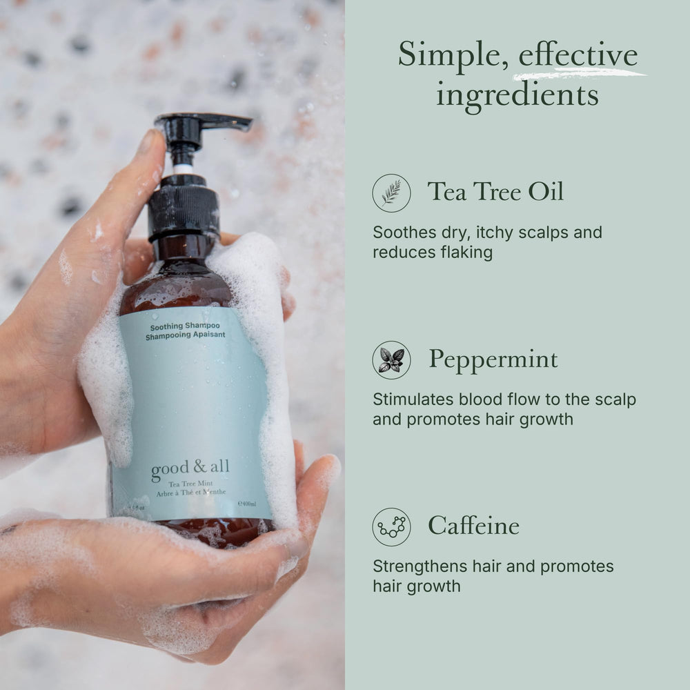 GOOD&ALL Tea Tree Shampoo Tea Tree Oil detail highlights natural ingredients for scalp balance.