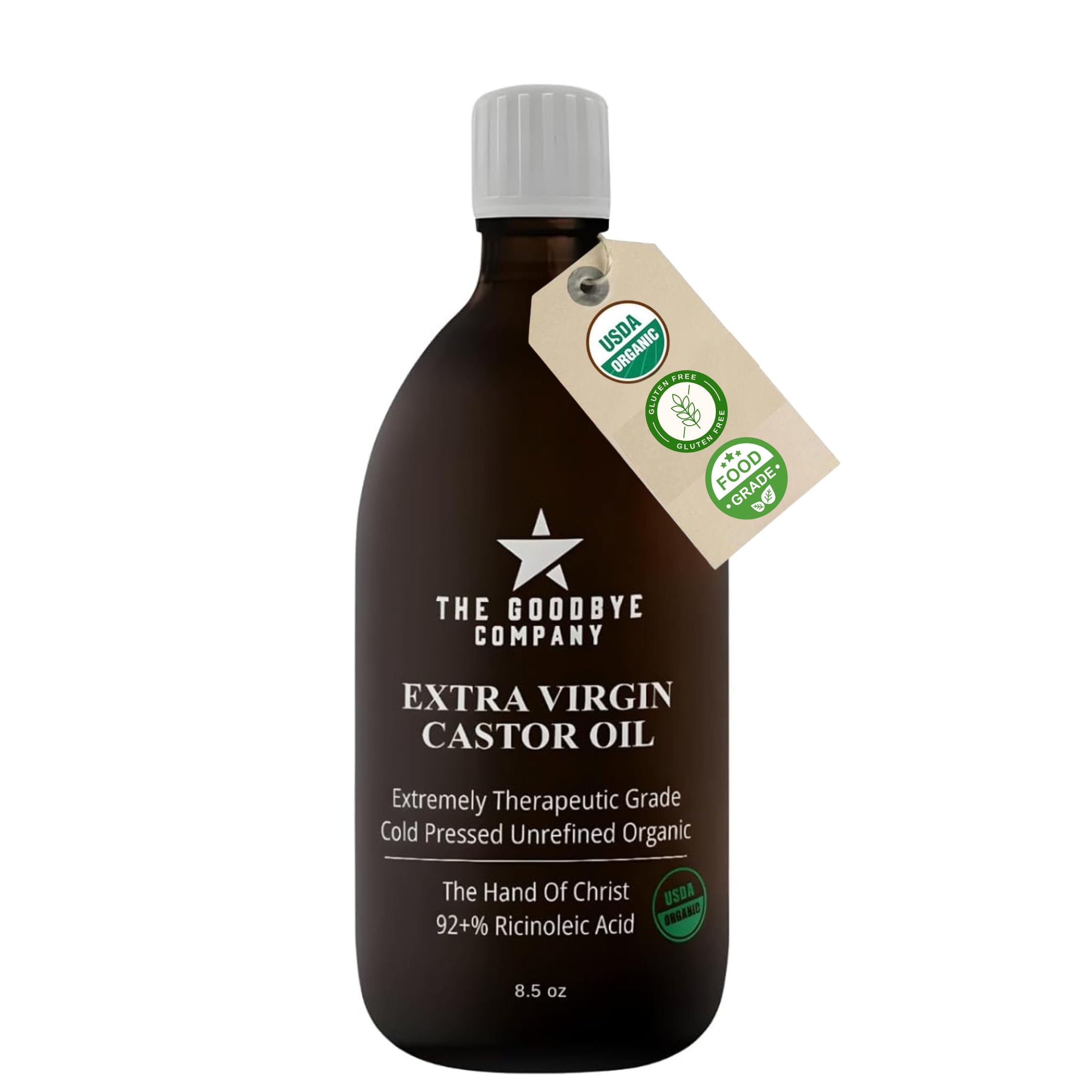Goodby​e Company castor oil in amber bottle supports hair growth and skin hydration.