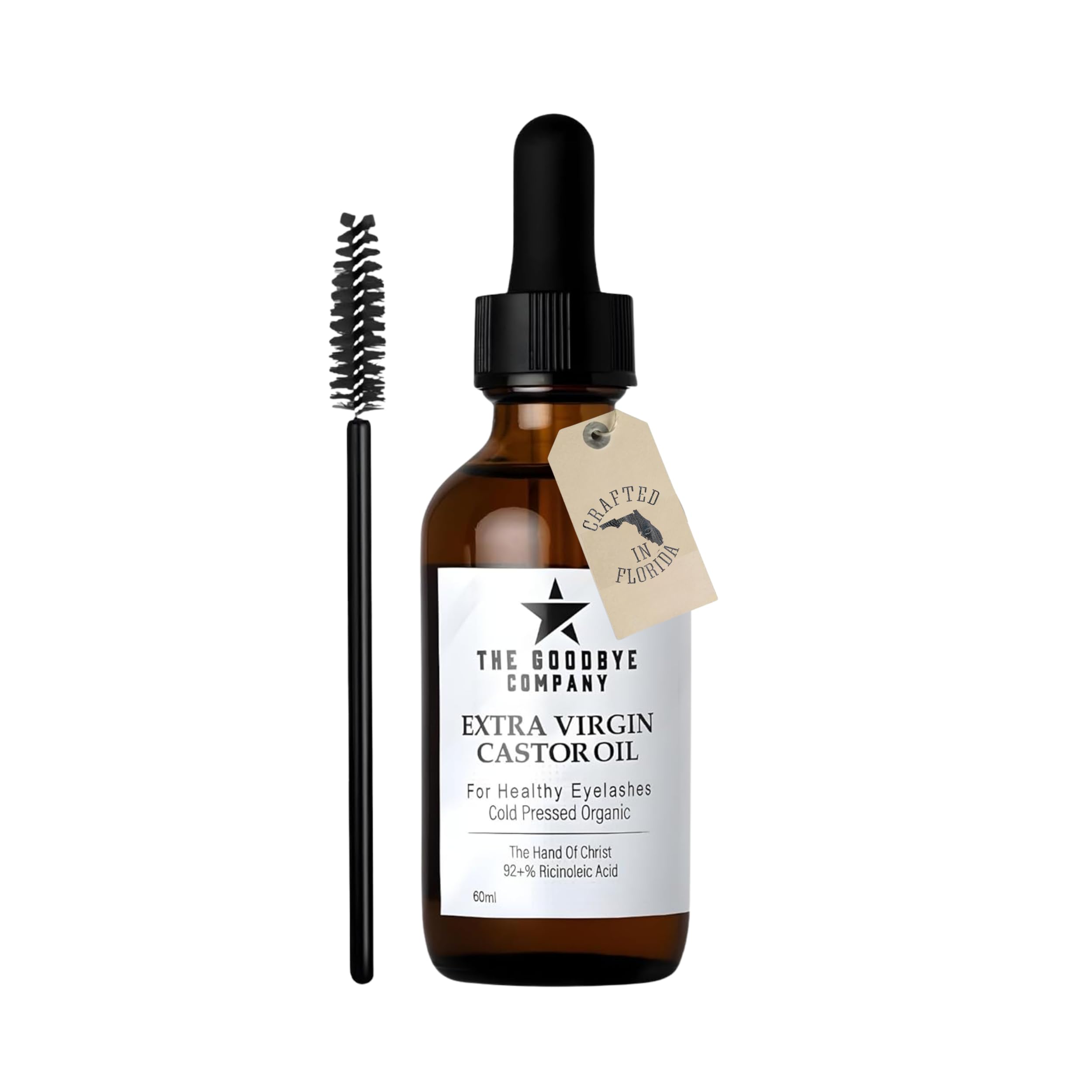 The Goodbye Company castor oil bottle-pour for clean lash line applications.