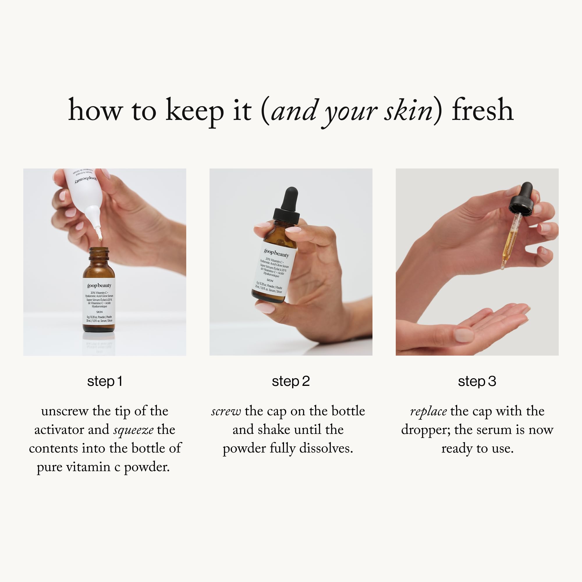 Goop Vitamin C serum application scene suggests user-friendly daily ritual