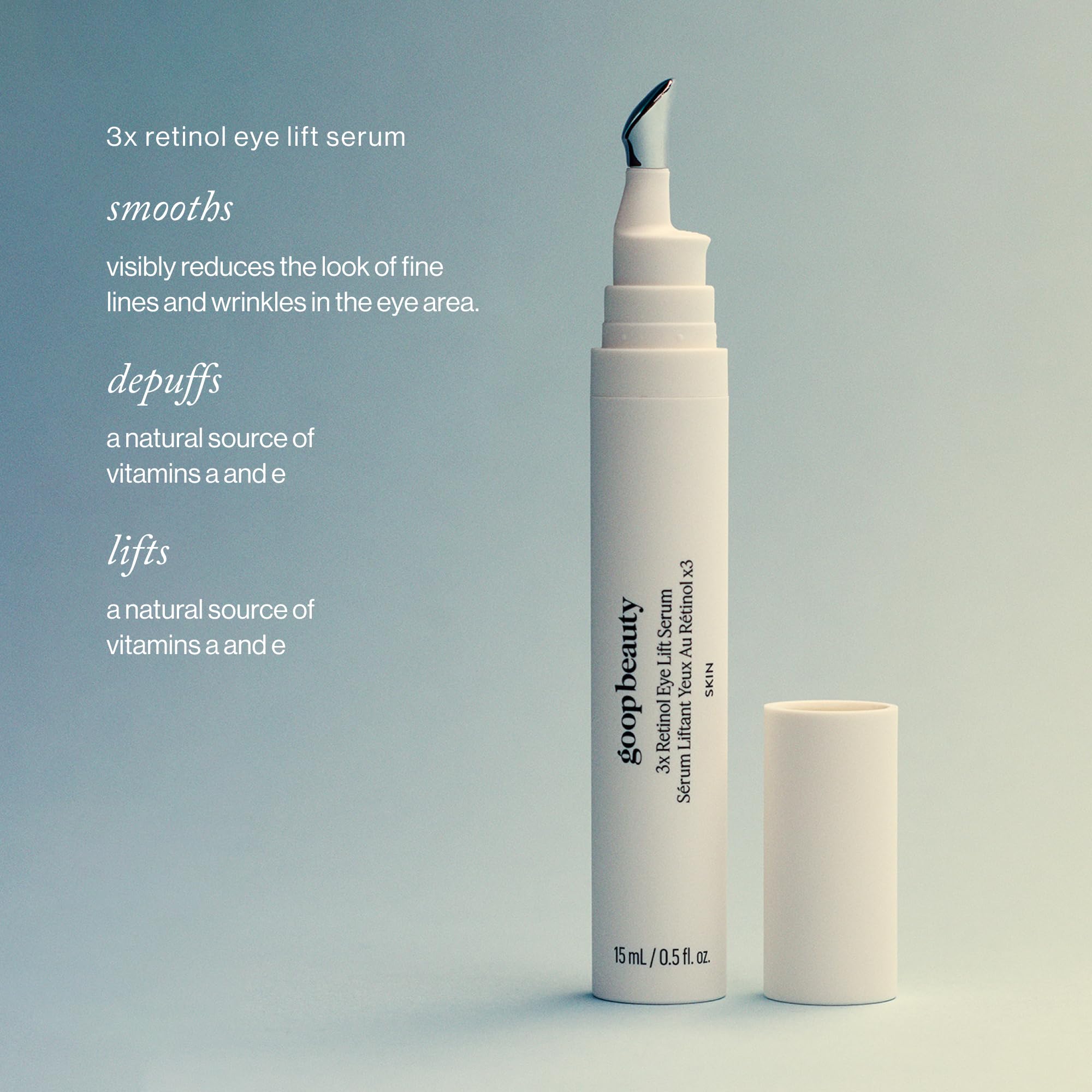 goop Beauty cooling applicator tip demonstrates refreshing, targeted application for under-eye areas.