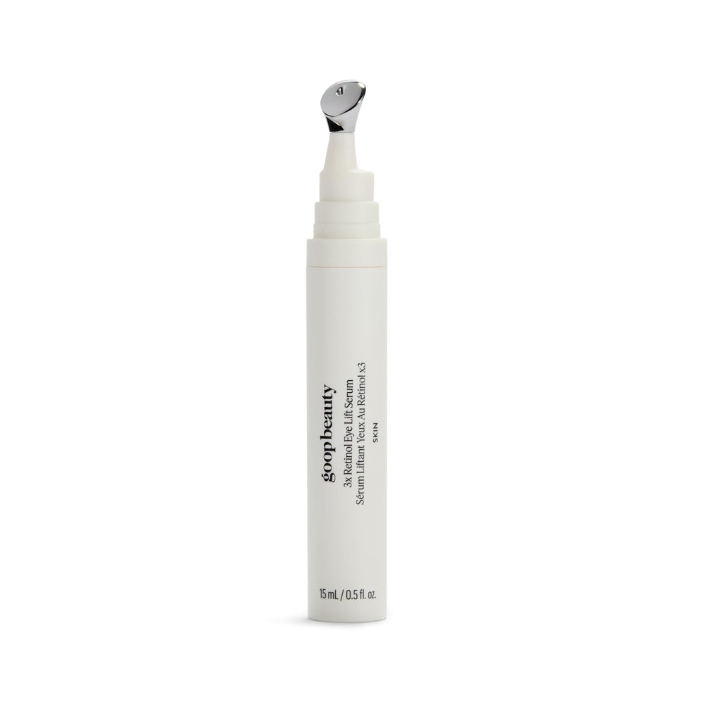 goop Beauty 3x Retinol Eye Lift Serum bottle close-up for smoother-looking under-eye skin.