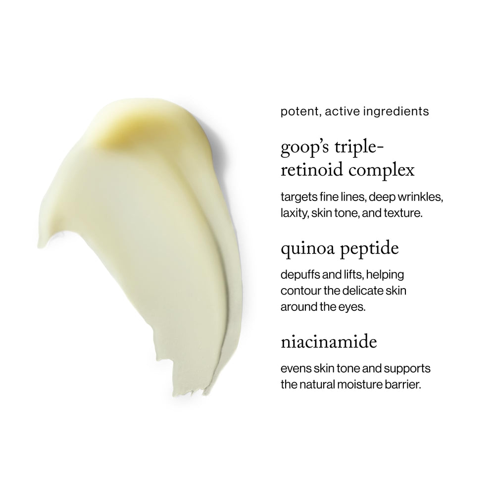 goop Beauty 3x Retinol Eye Lift Serum ingredient graphic highlights key actives.