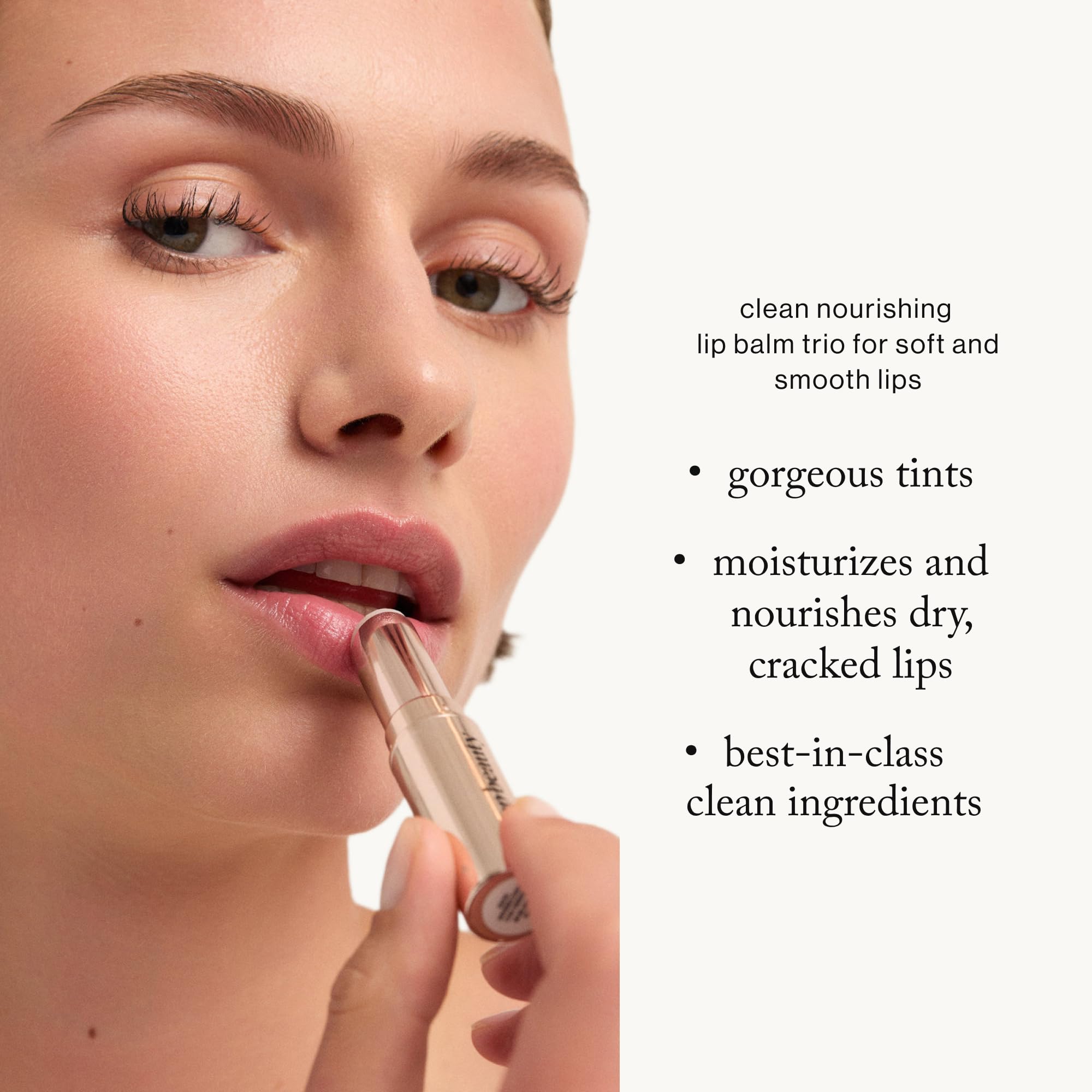 Goop Beauty Clean Lip Balm application shows creamy glide on dry lips.