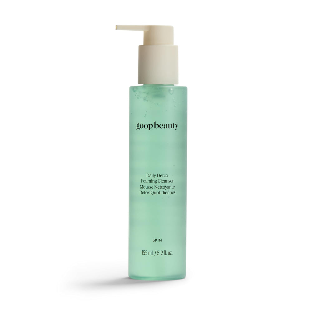 Goop Beauty Daily Detox cleanser bottle shows gel-to-foam action for clean skin