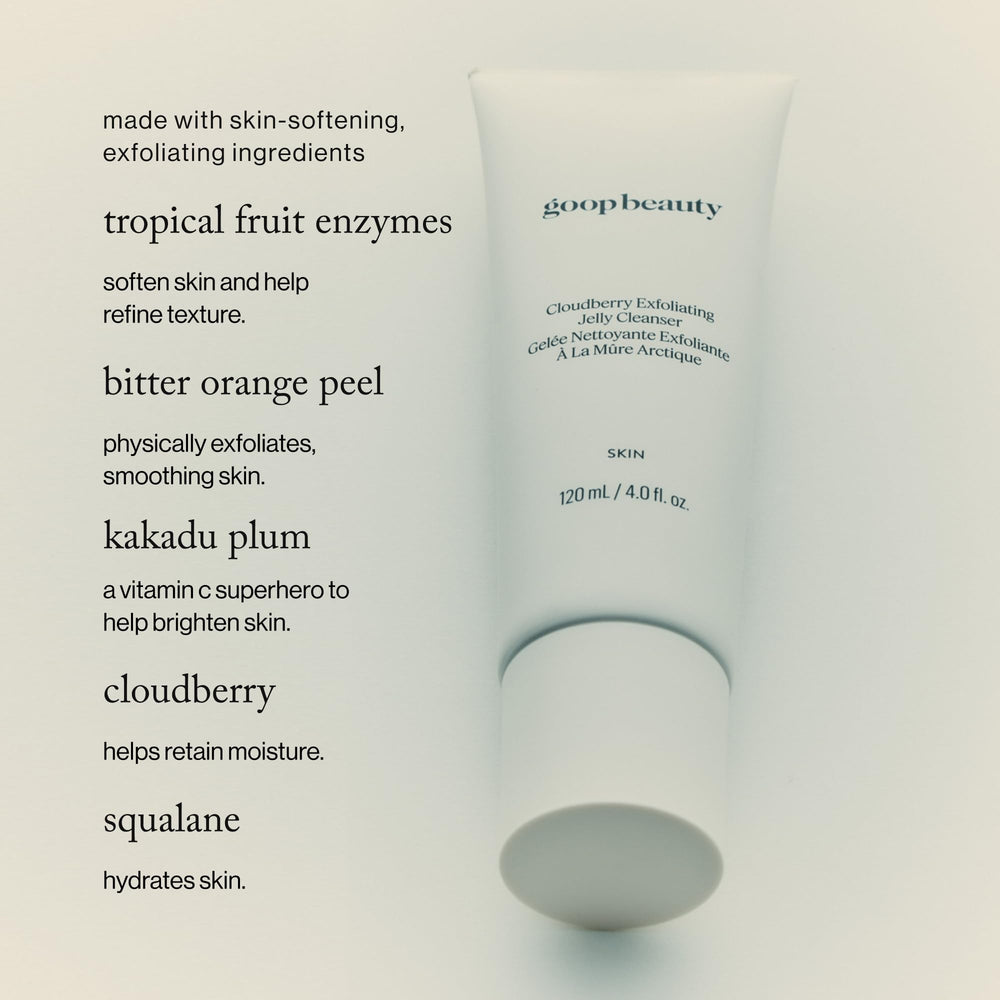 Goop Exfoliating Jelly Cleanser foamless texture glides on skin.
