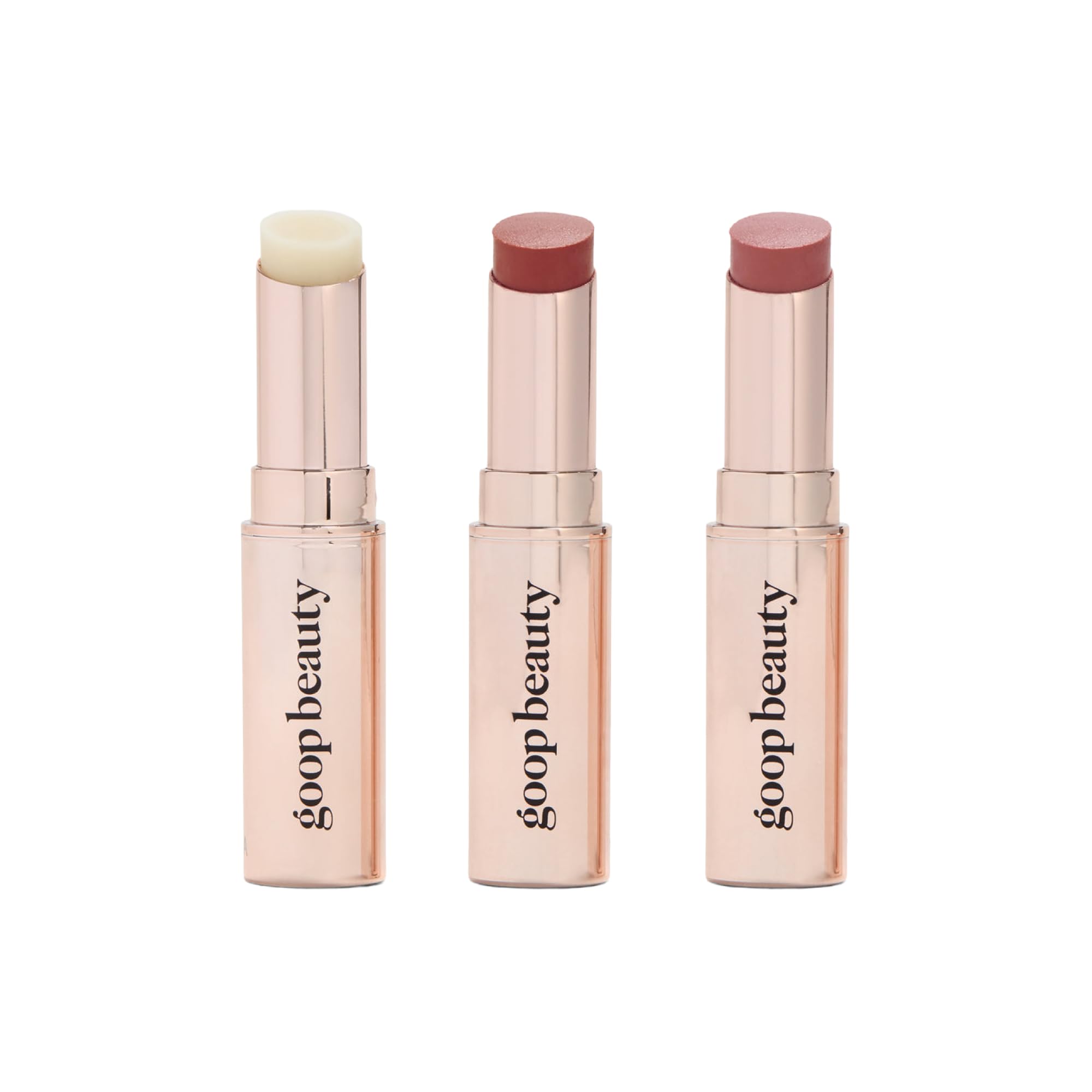 Goop Beauty Lip Balm Trio clear glide for daily moisture.