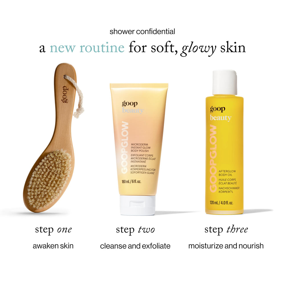 goop Beauty Microderm Body Polish Kakadu Plum Seed Oil bottle highlight for hydration.