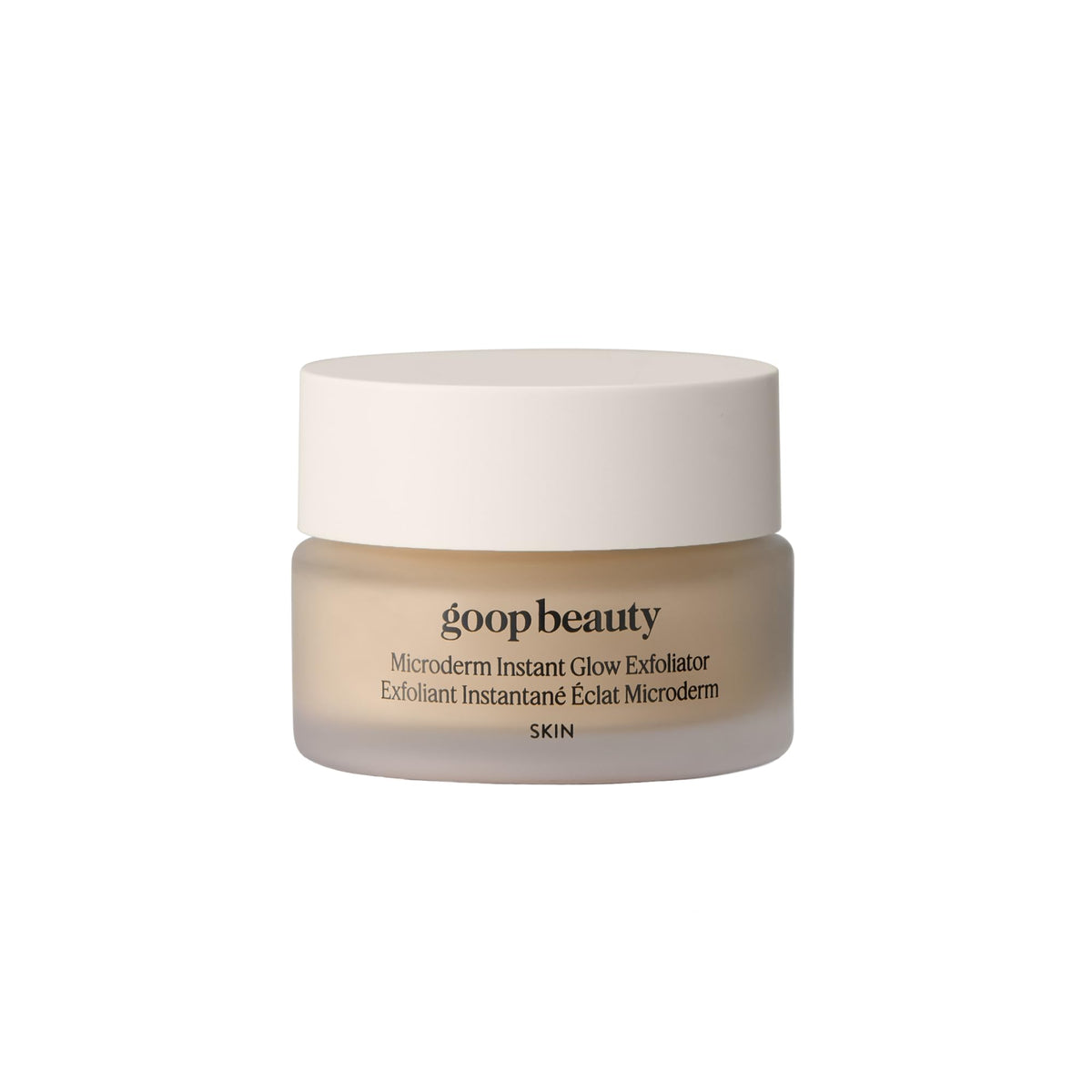 goop Beauty Microderm Exfoliator jar closeup shows premium packaging for daily skincare rituals.