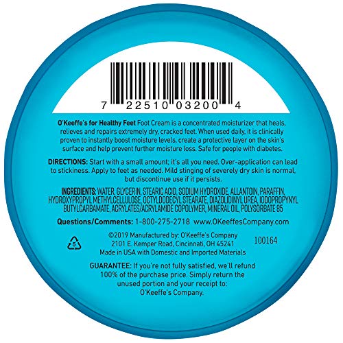 Close-up of O'Keeffe's Healthy Feet jar showing thick moisturizing formula.