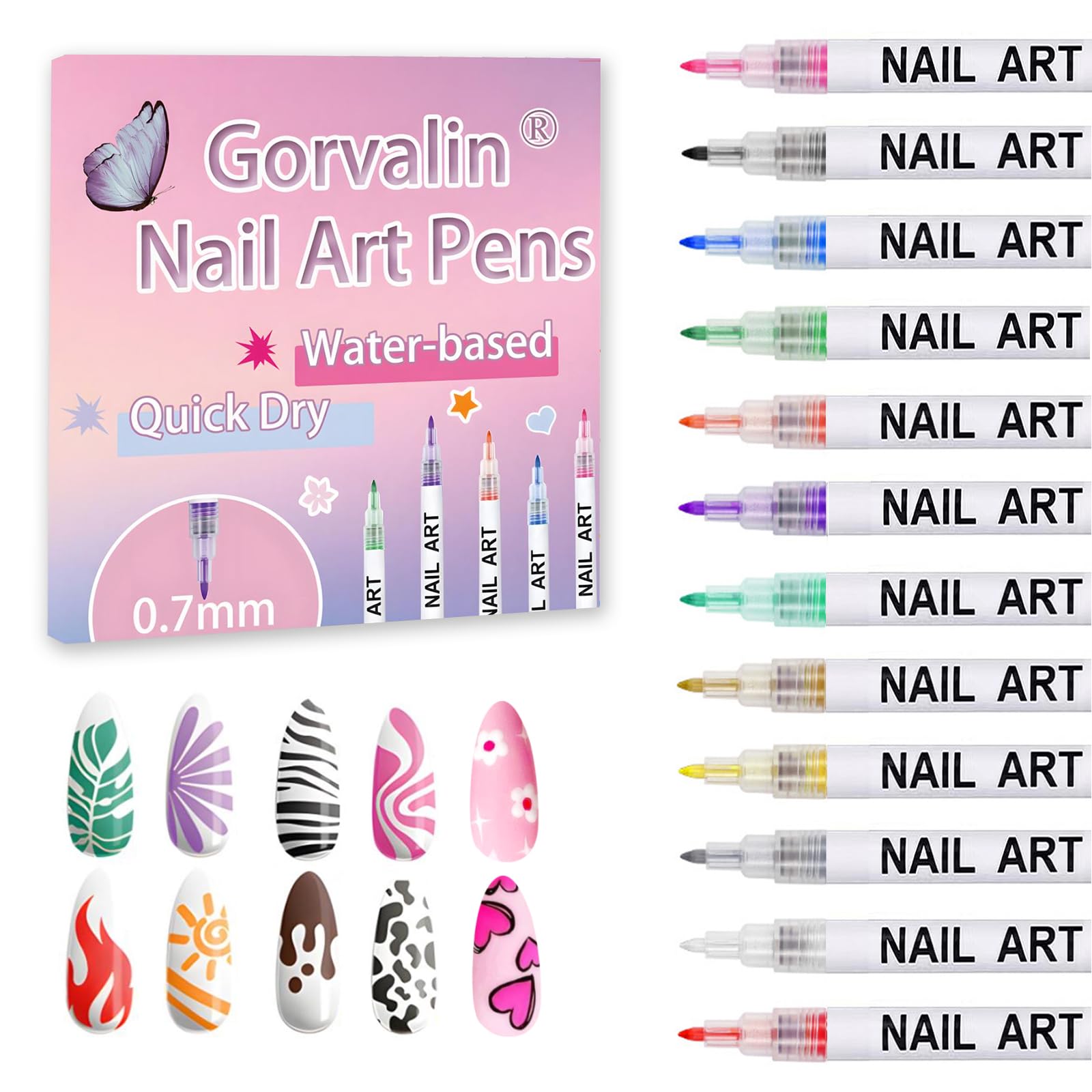 Gorvalin 12-color nail art pens set for vibrant nails and easy customization.