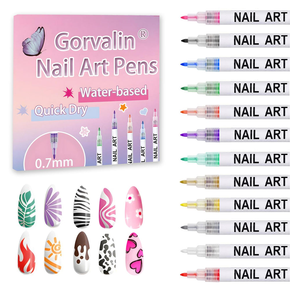 Gorvalin 12-color nail art pens set for vibrant nails and easy customization.