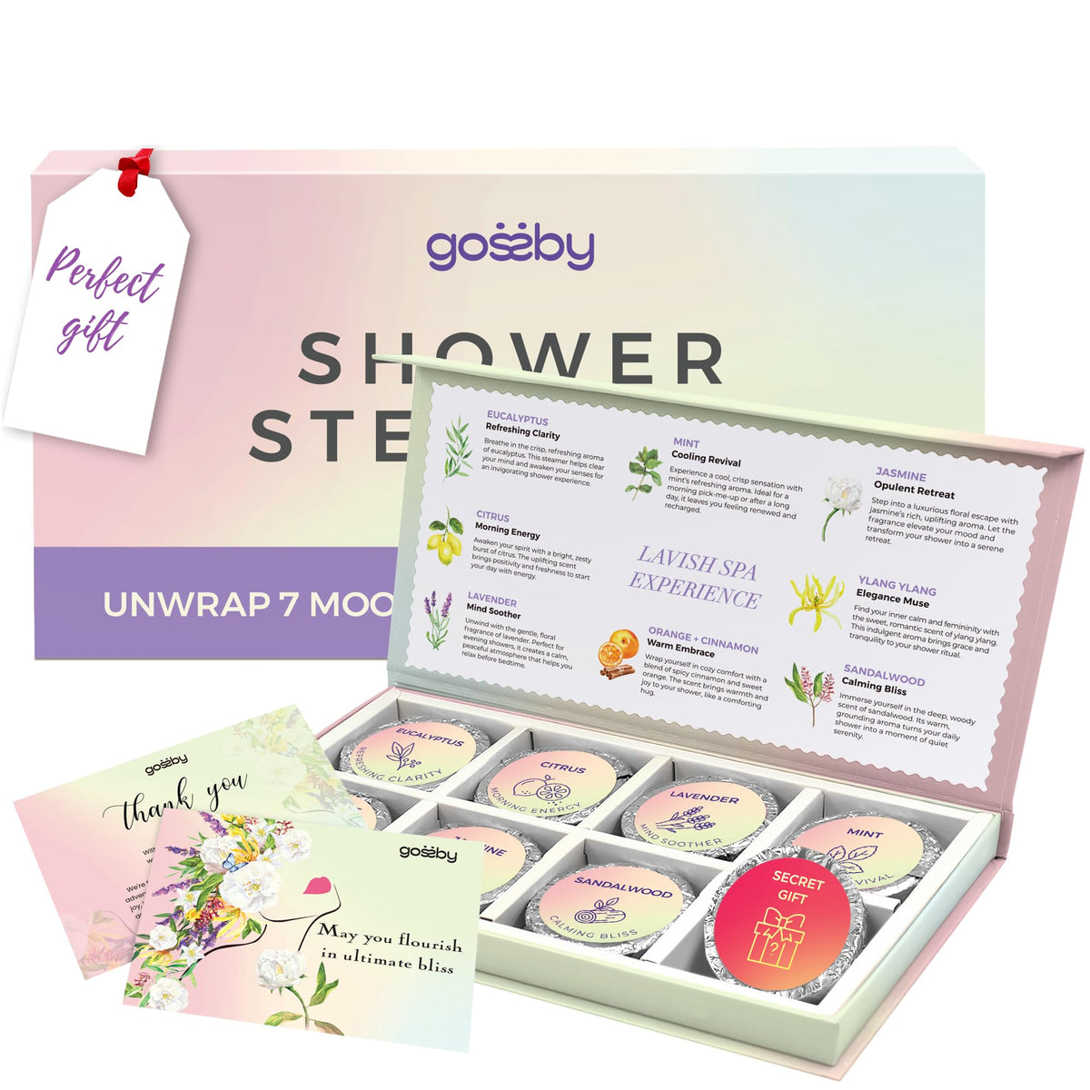 GOSSBY lavender shower steamer on shower floor for soothing start to your day
