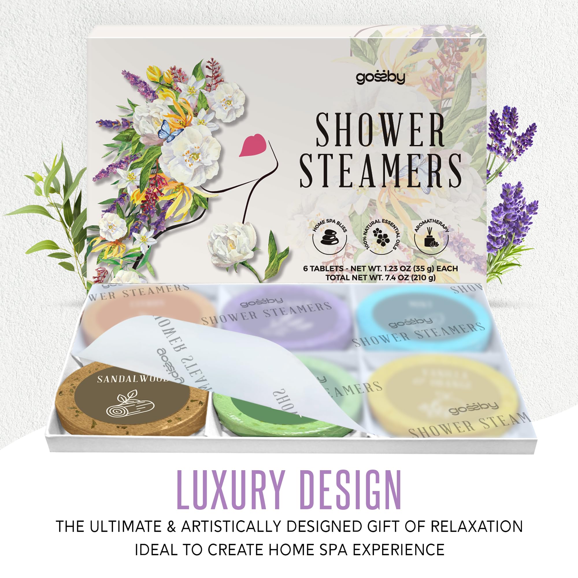 GOSSBY flower-petal infusion on shower steamer enhances natural aromatics