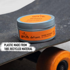 Got2b Defiant Shine Pomade tin side view highlighting compact, travel-ready packaging.