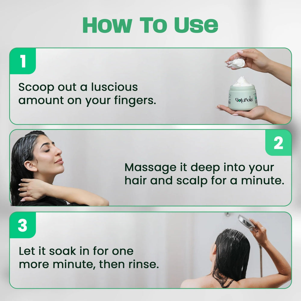 Gotukola mask applied from mid-length to ends for frizz control and shine.