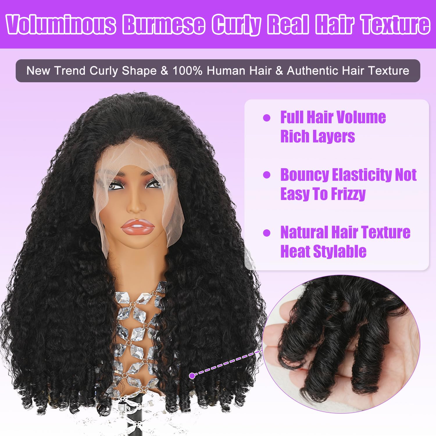 Goulus 250 density curly wig delivers voluminous, natural-looking fullness.