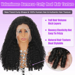 Goulus 250 density curly wig delivers voluminous, natural-looking fullness.