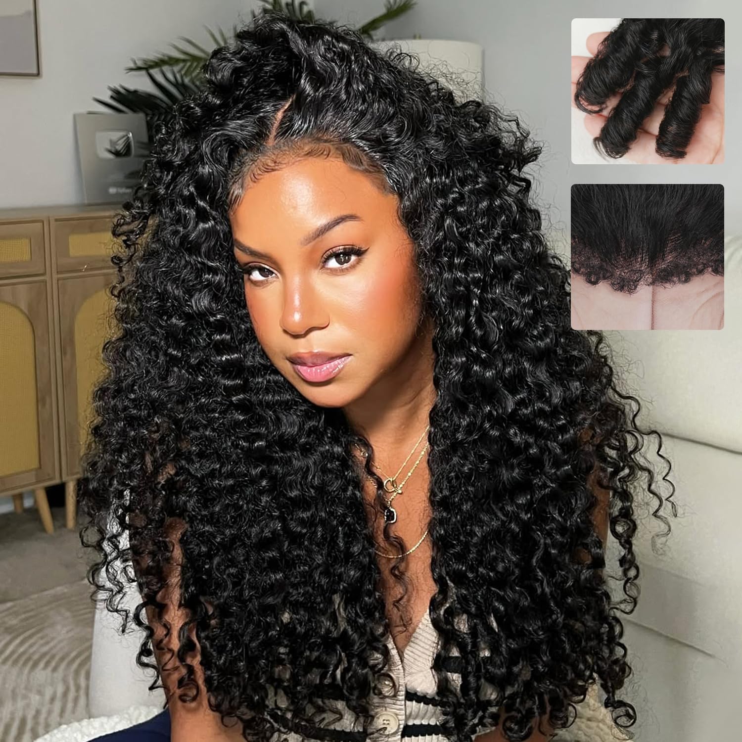 Goulus 4C edges Burmese curly lace front wig with 24-inch length for a natural hairline.