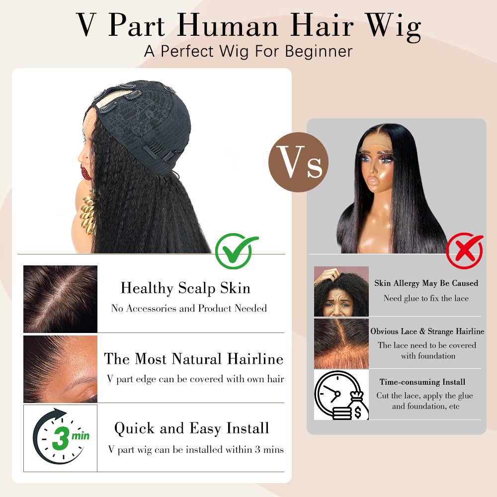 Goulus Kinky Straight V Part Wig 18in glueless wear eliminates adhesive hassle.
