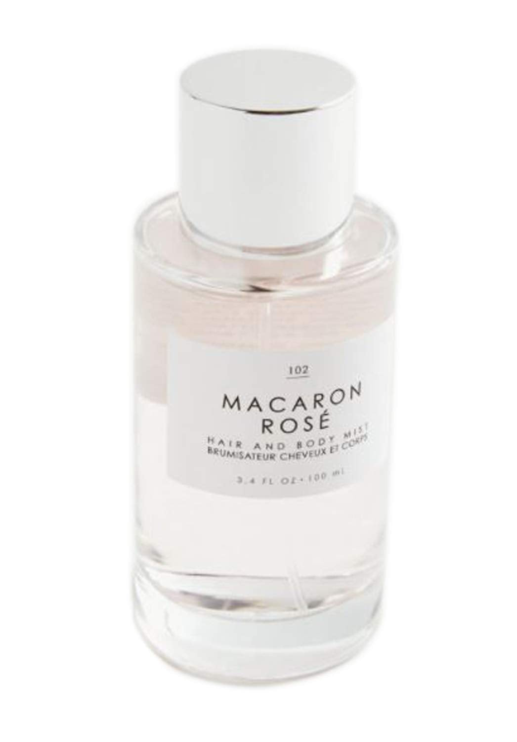 Gourmand Macaron Rose bottle pour, long-lasting floral scent for hair and body.