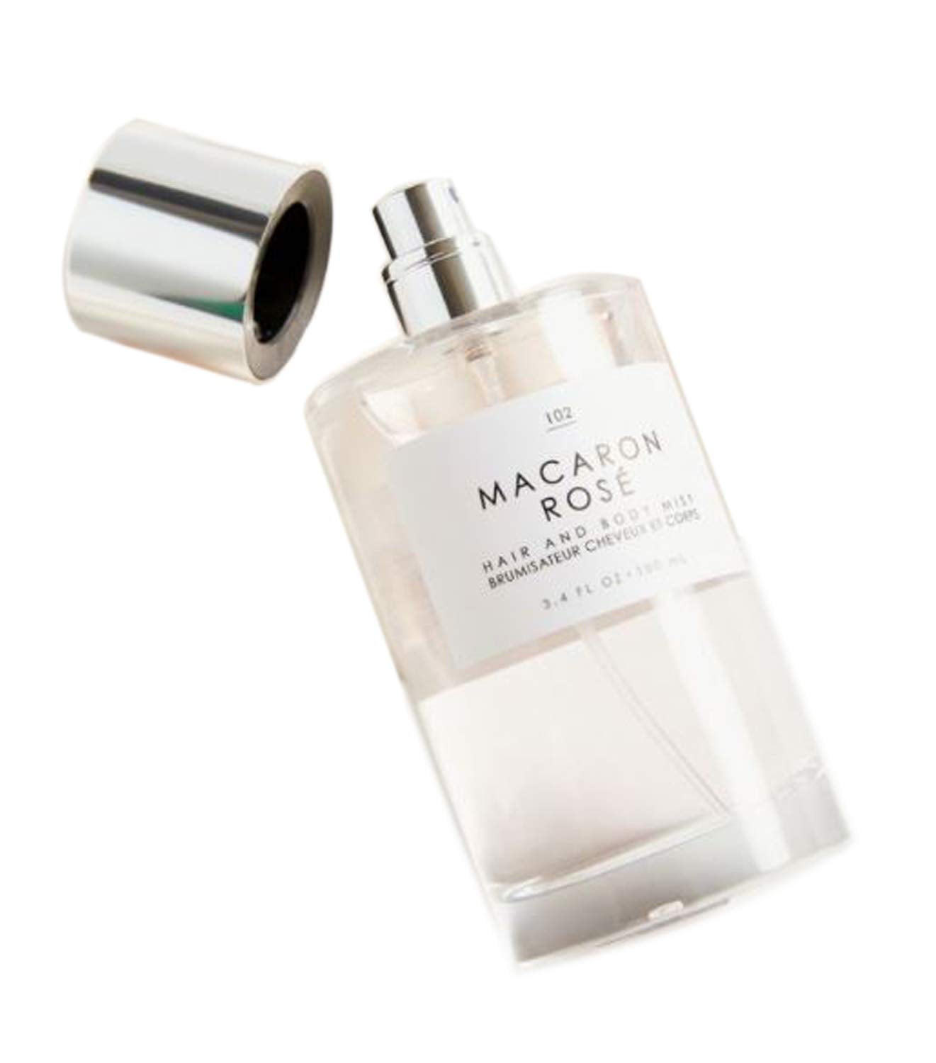 Gourmand Macaron Rose spray application for all-day freshness on skin and hair.