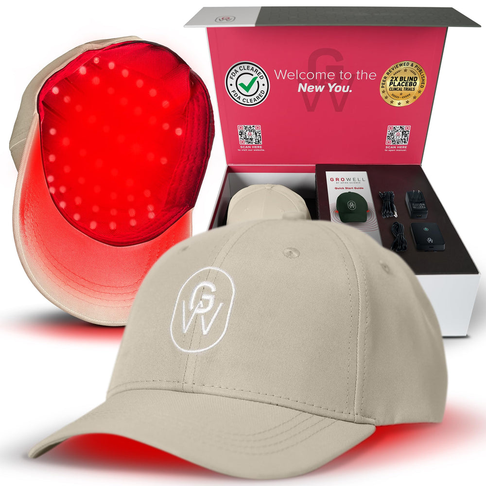 GroWell red light therapy cap front view for discreet home hair regrowth.
