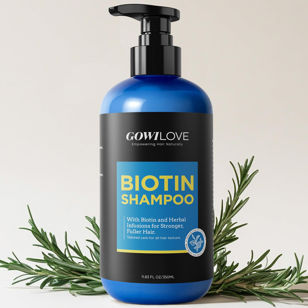 GOWILOVE Biotin Shampoo bottle-front image highlighting fuller-looking hair