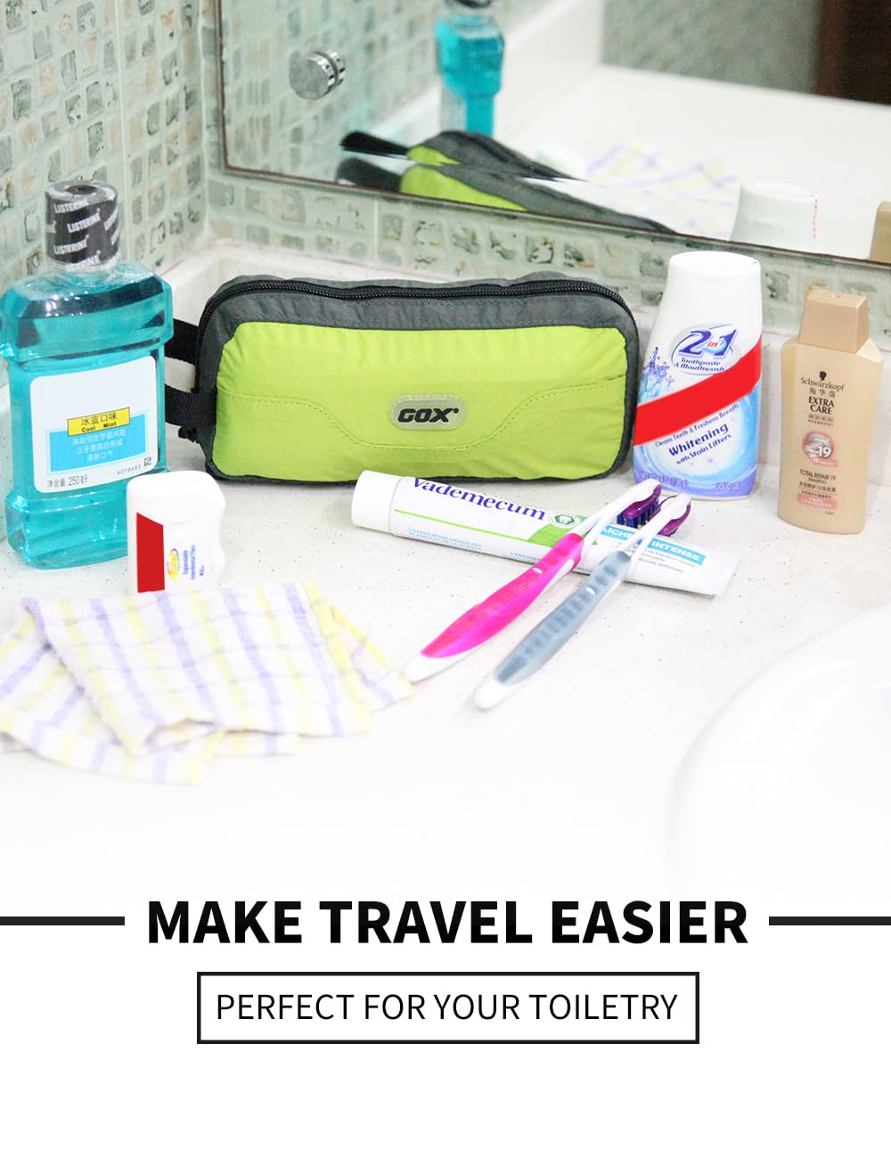 GOX Travel Small Toiletry Bag green hanging hook enables quick access in the bathroom