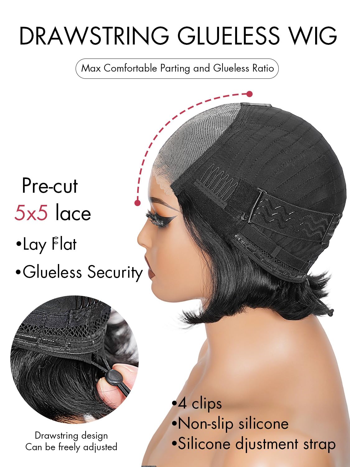 GPOP glueless wig with drawstring cap for quick secure fit