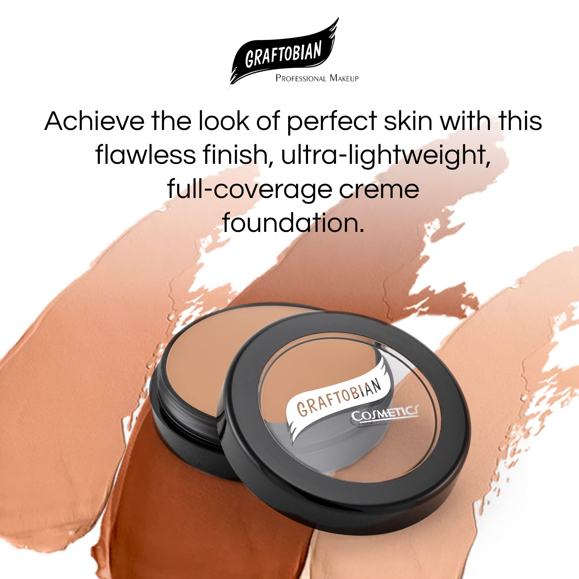 Graftobian HD Glamour Creme Foundation pot showing diverse shade range for accurate matching