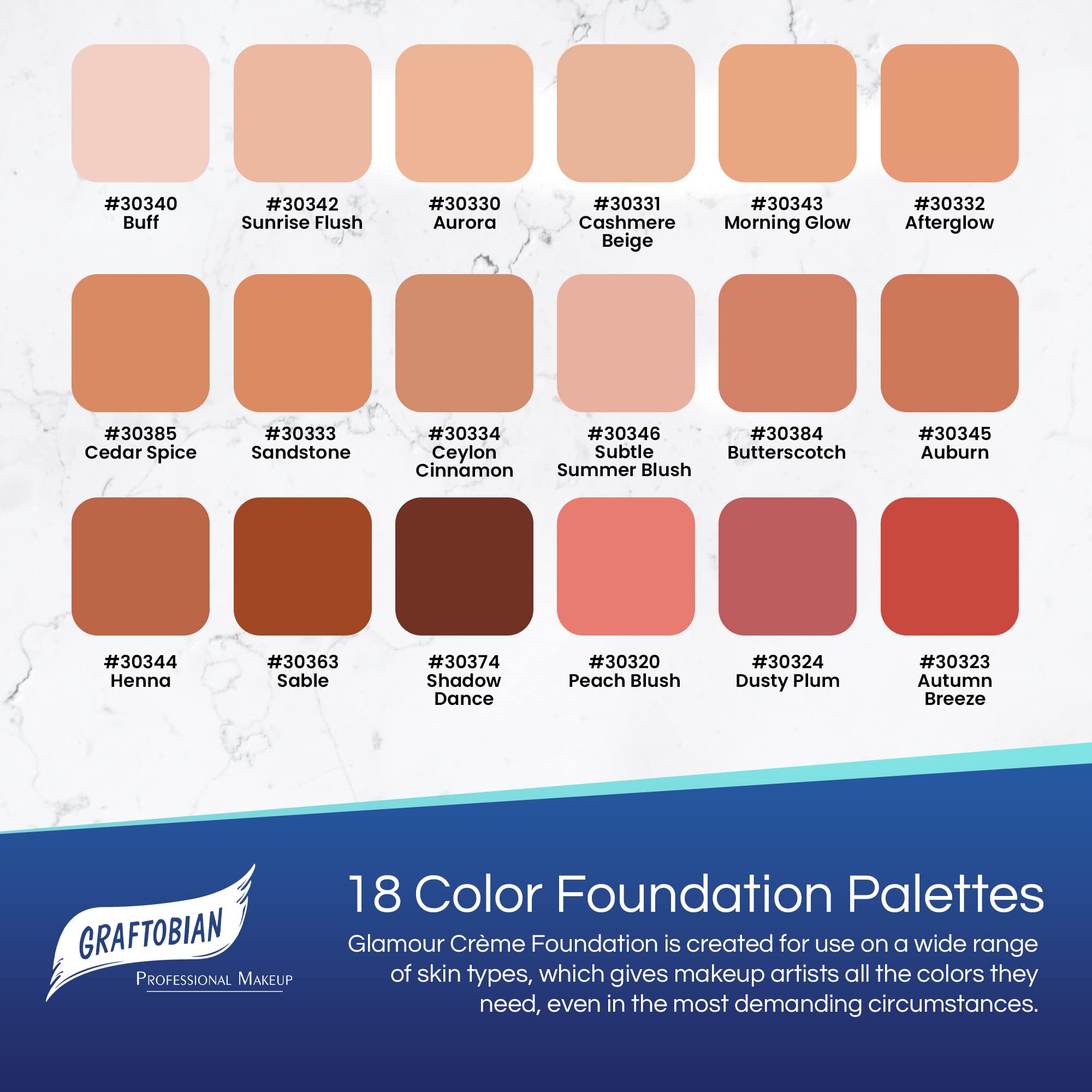 Graftobian HD Super Palette swatches showing warm, cool, and neutral undertones.