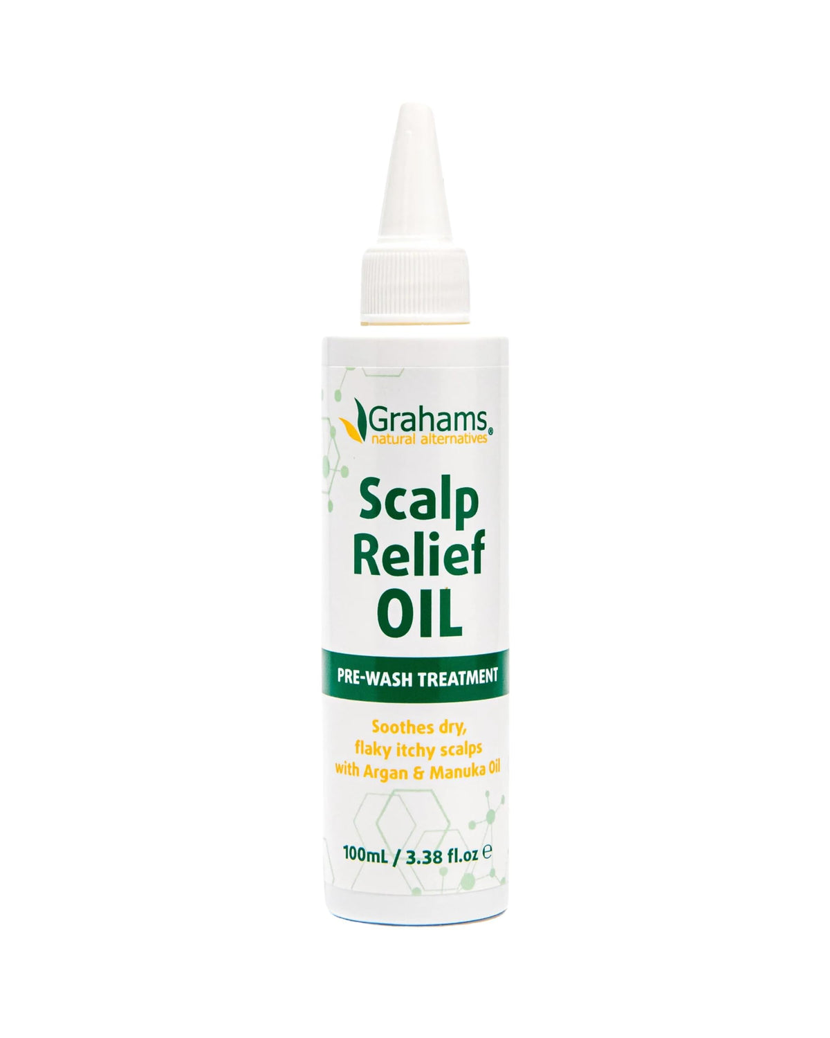 Grahams Natural Scalp Relief Oil bottle closeup for soothing scalp care.