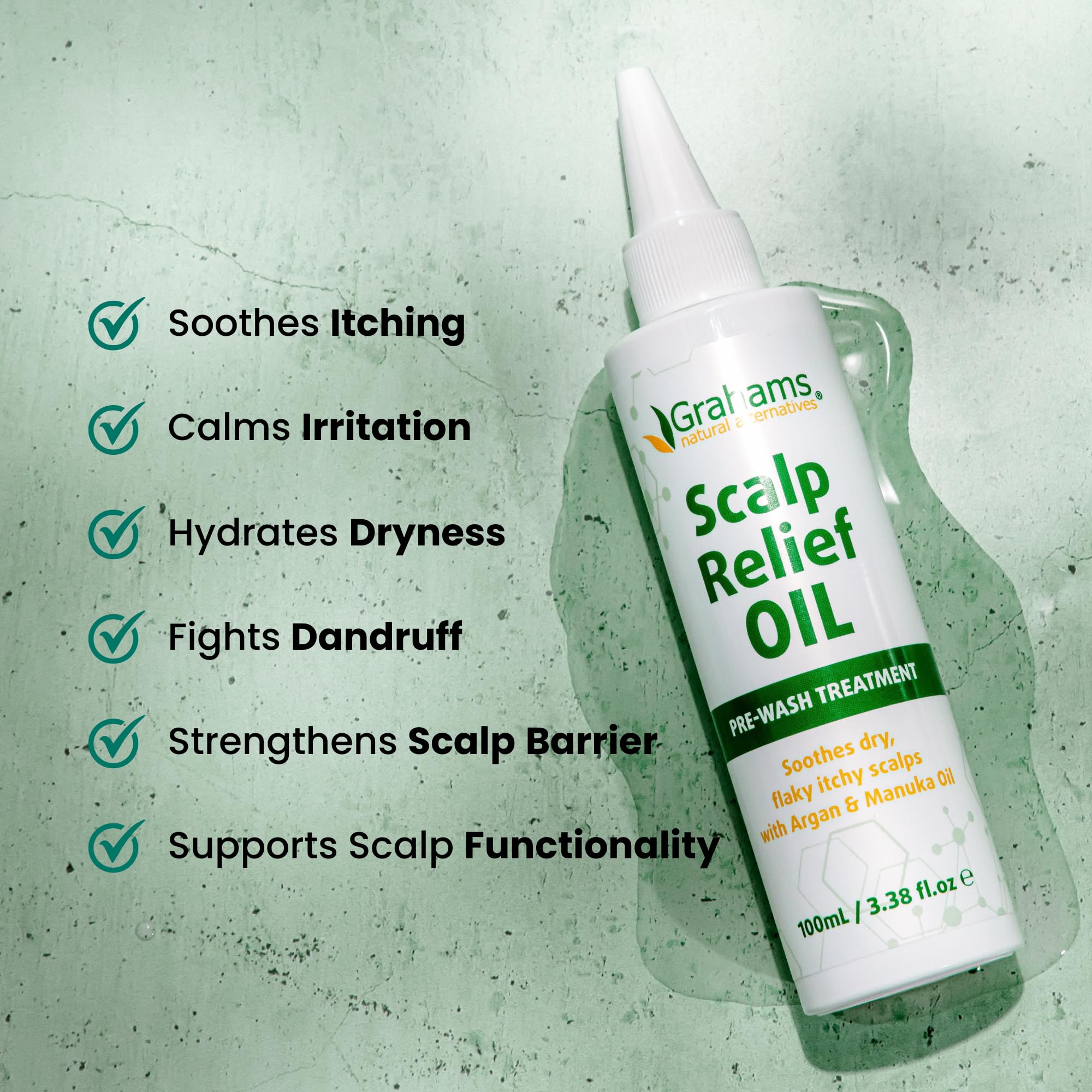 Grahams Natural Scalp Relief Oil droplets on scalp illustrate quick absorption.