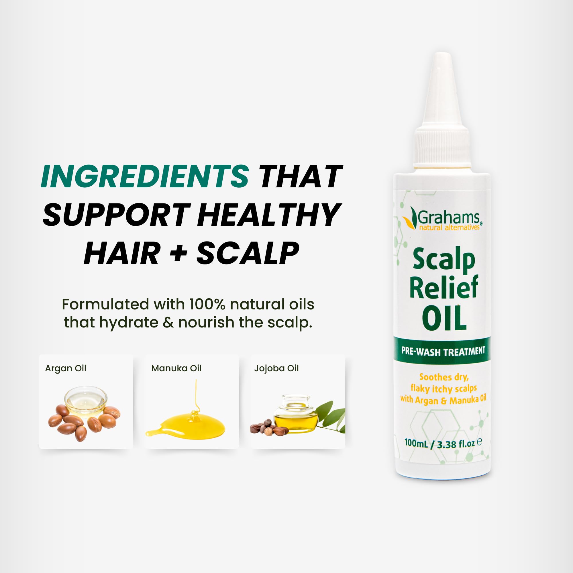 Grahams Natural Scalp Relief Oil bottle shown with soft lighting.