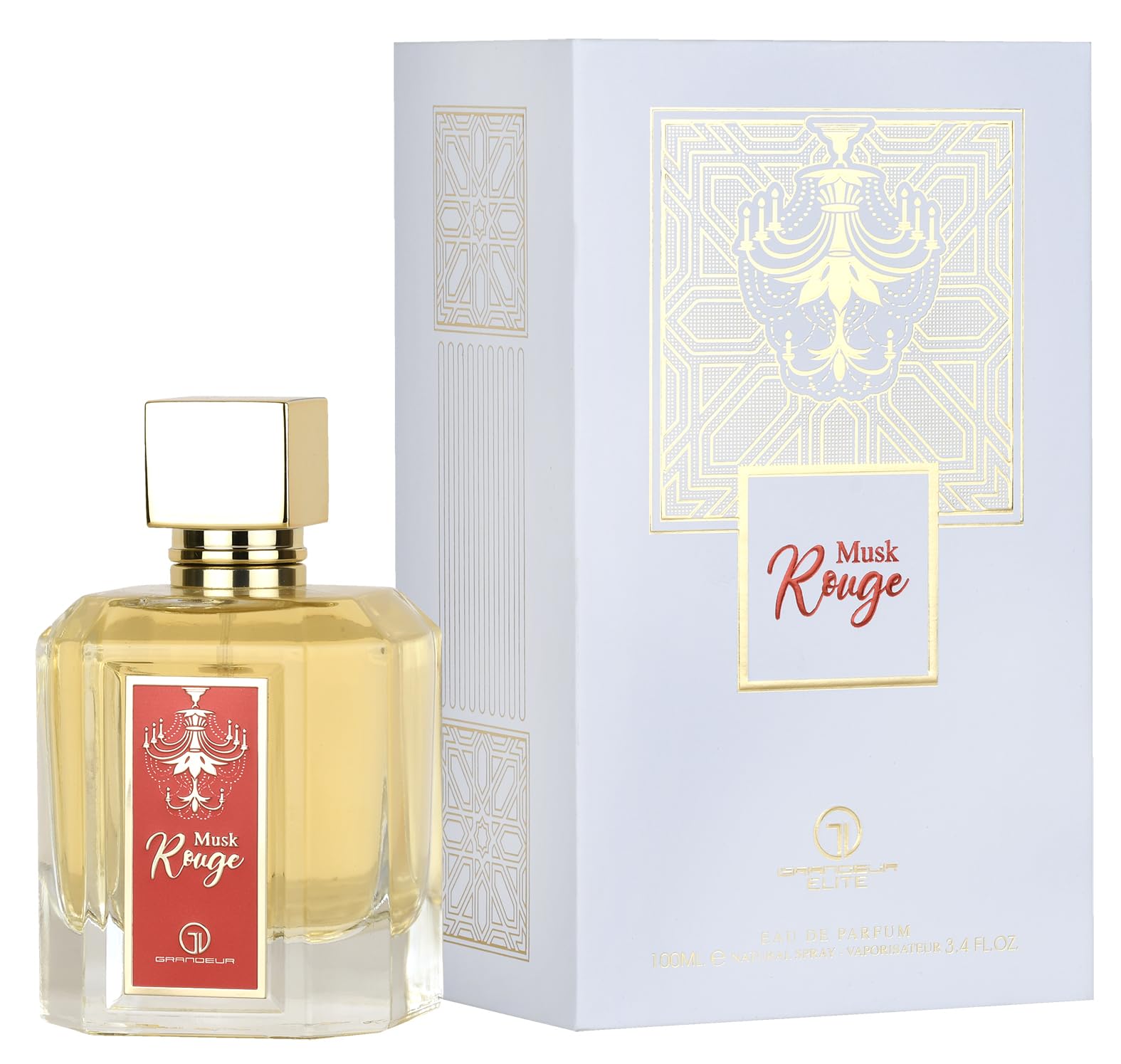 Grandeur Musk Rouge perfume bottle—long-lasting evening elegance.