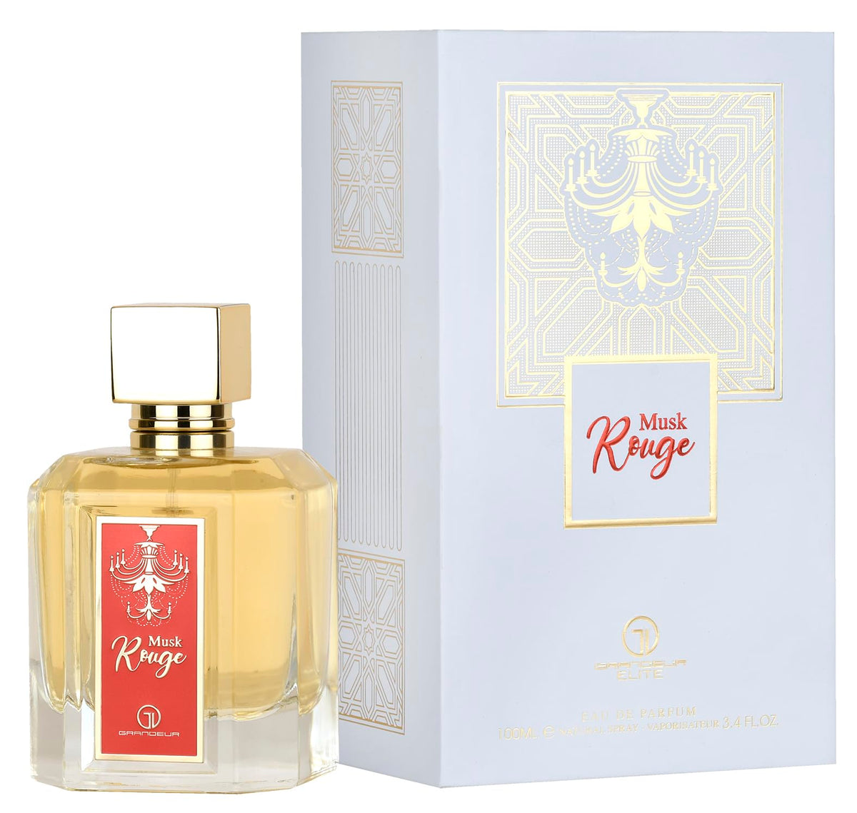 Grandeur Musk Rouge perfume bottle—long-lasting evening elegance.